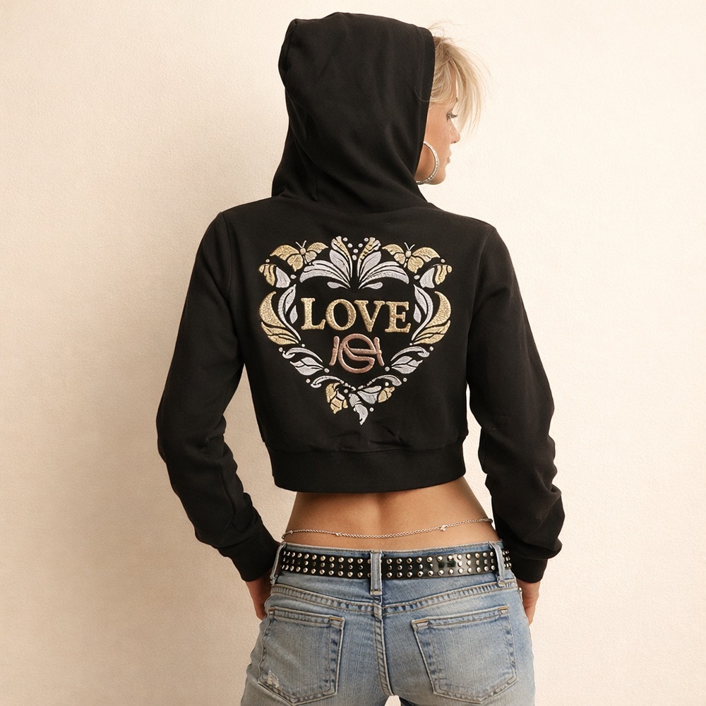BEBE Y2K McBling Butterfly Heart Studded Crop Zip Hoodie S